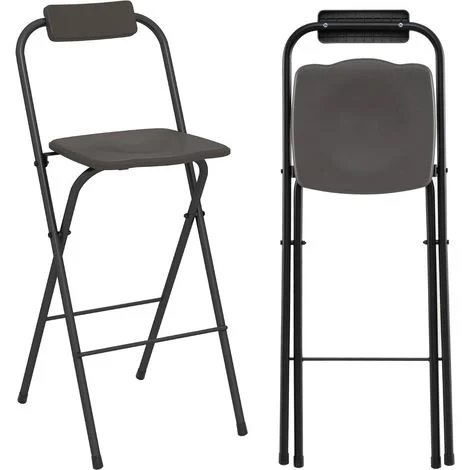 Set di 2 sgabelli da bar pieghevoli con schienale, portata 150 kg, colore grigio.