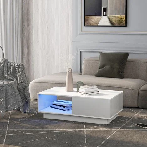 Tavolino da Salotto Rettangolare con LED 15 Colori, Bianco Lucido, Stile Moderno, in Pannello Truciolare, 95×55×32 cm