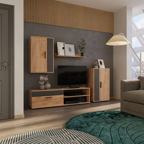 Parete attrezzata Berno, Rovere dorato/antracite, set, 4 parti, Vicco