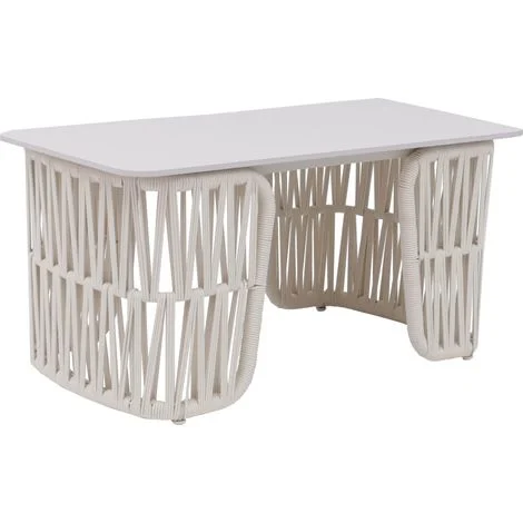 [NON UTILIZZATO] Tavolino da salotto HHG-224, tavolo da giardino balcone, intreccio, pietra 43x90x45cm, avorio piano avorio