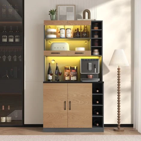Mobile da cucina 100x47x187cm, credenza con illuminazione ambientale a LED e fori passacavi, pensile in legno, ampio spazio per microonde, autoportante, ripiani laterali regolabili in altezza.