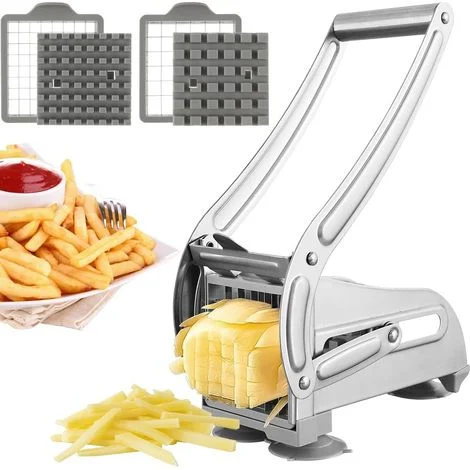Tagliapatate professionale per patatine fritte, tagliapatate in acciaio inox con 2 lame di ricambio, tagliapatate manuale antiscivolo, tagliapatate per patate, carote, cetrioli e ananas.