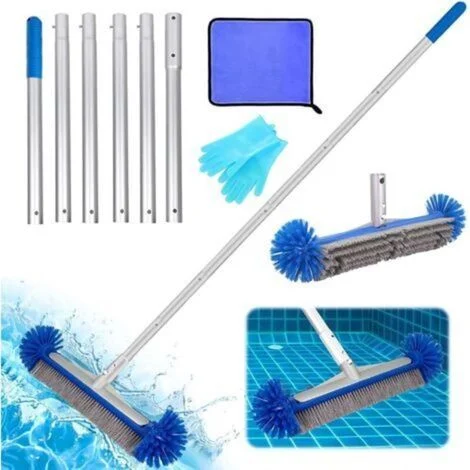 Spazzola per la pulizia della piscina ad alta resistenza, 43 cm, asta regolabile in alluminio, estremità arrotondate (blu)