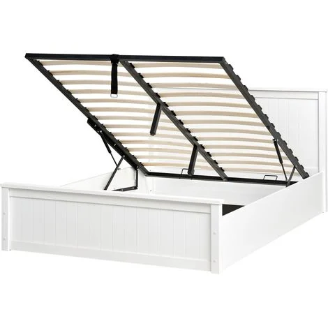Letto matrimoniale in legno di pino 140 x 200 cm con telaio sollevabile e contenitore bianco Lambres