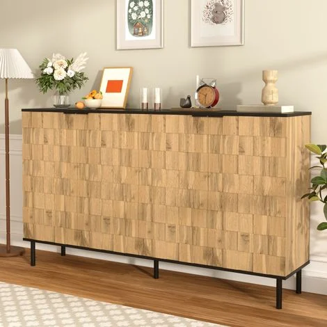 Madia credenza mosaico 160 cm – 4 ante con frontali testurizzati – Finitura legno naturale e nero – Piedini in metallo – Mobile contenitore per soggiorno e ingresso