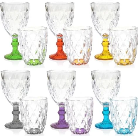 Set 12 Bicchieri 6 acqua 6 vino calici con piede in Vetro multicolore da tavola Eleganti Stile Raffinatezza in casa Ogni Tavola