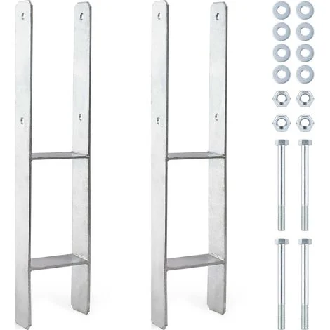 XPOtool Supporto per pali zincato a caldo 91 x 600 mm 2 pezzi, staffa portapalo a H in acciaio al carbonio, fissaggio pali con fori M10 x 140, porta palo con 2 rinforzi