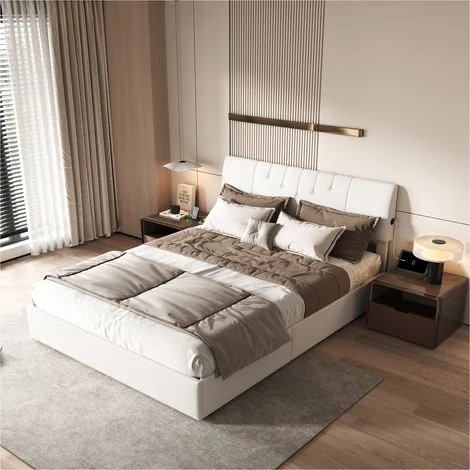 Letto contenitore 140x190 cm, letto matrimoniale con rete a doghe, testiera regolabile e porte USB/Type-C, Teddy e metallo, bianco