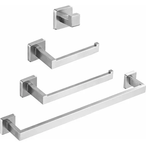 Set di accessori da bagno da 4 pezzi SUS304, portasciugamani da parete in acciaio inossidabile nichel spazzolato stile quadrato incluso 14 portasciugamani, portasciugamani
