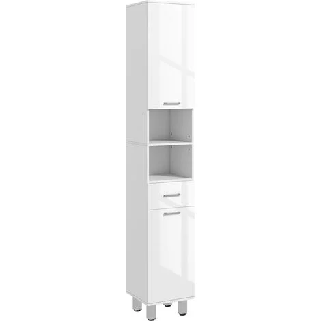 Mobile contenitore stretto Irovami alto 180 cm per bagno, armadio alto e stretto con cassetto, ripiani a giorno, 2 ante e ripiani regolabili per cucina, corridoio, soggiorno, bianco lucido
