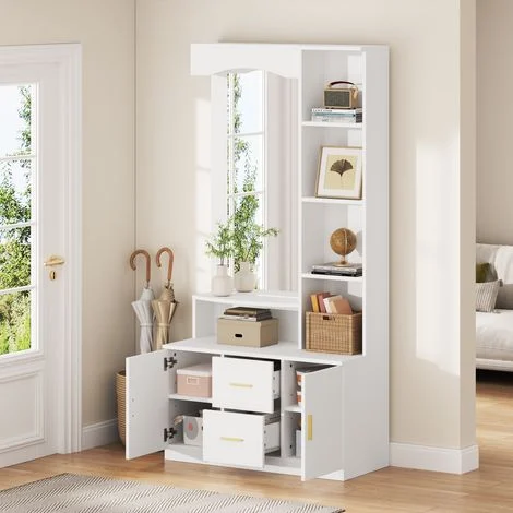 Set di mobili per ingresso - Mobiletto per ingresso - Scarpiera con specchio, 2 ante, 2 cassetti, ripiani, MDF bianco