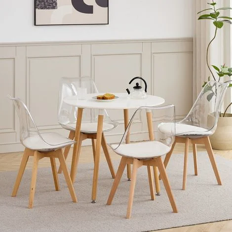 Wokaka Set tavolo e 4 sedie - tavolo rotondo - Scandinavo - Sedie in acrilico trasparente - Piedi in legno massello