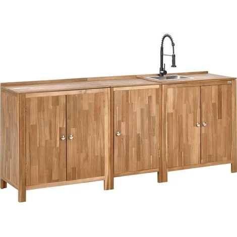 Mobili da cucina 3 elementi da giardino per esterni in legno di acacia con lavello e rubinetto Ripiani in legno massiccio Piano in acciaio inox marrone e nero Venosa