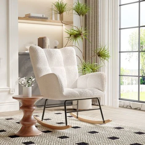 Sedia a dondolo, poltrona a dondolo comfort in tessuto sherpa, gambe in legno massello, struttura in acciaio, braccioli imbottiti, sedia allattamento - beige