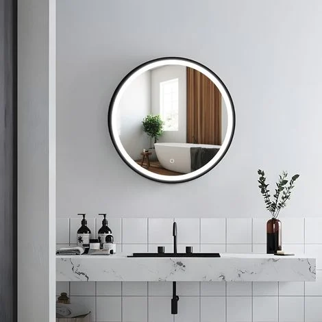 60x60x12,5 cm armadio da bagno sospeso rotondo con specchio integrato e illuminazione, 2 ripiani, nero (SATZGALED60CE)