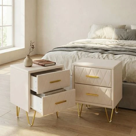 Set di 2 comodini 41x35,5x51 cm, con 2 cassetti, tavolino laterale in tessuto trapuntato e gambe in metallo, velluto, design moderno e lussuoso, beige