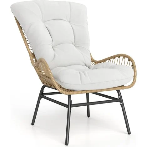 Poltrona da giardino in rattan, sedia da pranzo da esterno in rattan con morbido cuscino e struttura in metallo, portata 180 kg