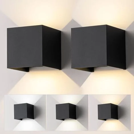 Set di 2 applique a LED per interni/esterni, moderne, quadrate, in alluminio nero, con fascio luminoso regolabile e impermeabilità IP65. -Crezuo
