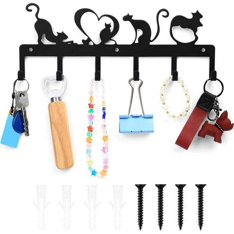 [MAI USATO] Portachiavi da parete, portachiavi da parete, portachiavi da parete con 6 ganci, portachiavi nero, portachiavi da parete per bagno, ingresso, cucina, ufficio, decorazione (gatto carino)
