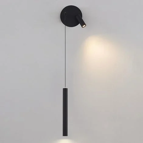 Applique a LED, tubo lungo nero, con faretto rotante, applique in metallo, lampada da comodino, luce calda 3000 K