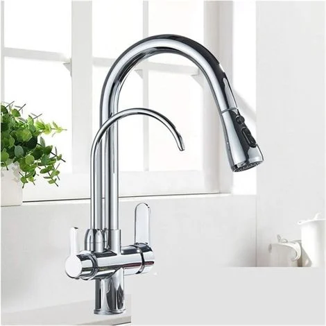 Rubinetto a 3 vie (con doccetta estraibile e purificatore), rubinetto da cucina a due maniglie in acciaio inox, girevole a 360°, acqua calda e fredda -Crezuo