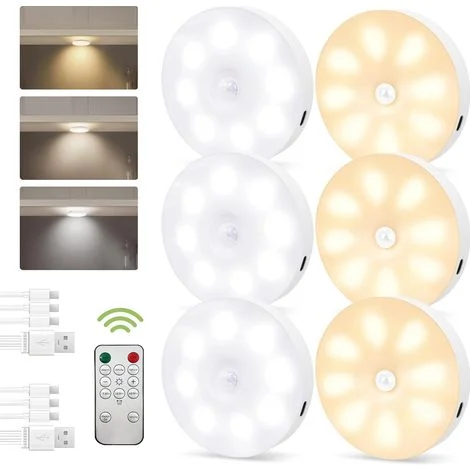 Puck Light con sensore di movimento e telecomando, luce sottopensile ricaricabile senza fili, LED magnetico, dimmerabile e timer, 3 colori/confezione da 6