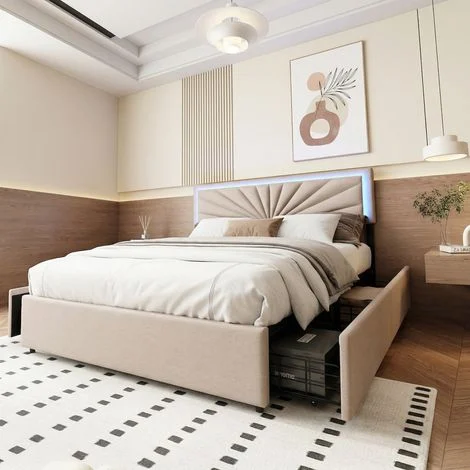 Letto con 4 cassetti 160x200 cm - Letto matrimoniale imbottito moderno con testiera LED regolabile e rete a doghe - Lino e metallo - Beige