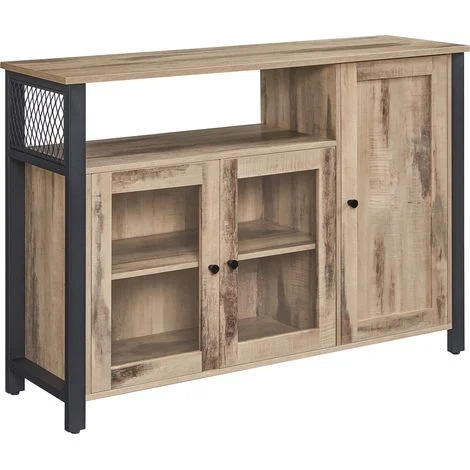 VASAGLE Credenza, Mobile da Cucina, Mobile Contenitore, con 3 Ante, per Soggiorno, Cucina, Sala da Pranzo, 33 x 110 x 75 cm, Stile Country, Marrone Cammello e Nero Inchiostro LSC096B50