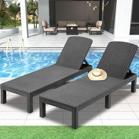 Set di 2 lettini prendisole - Chaise Longue - Lettini prendisole in resina effetto vimini - Schienale regolabile - Nero