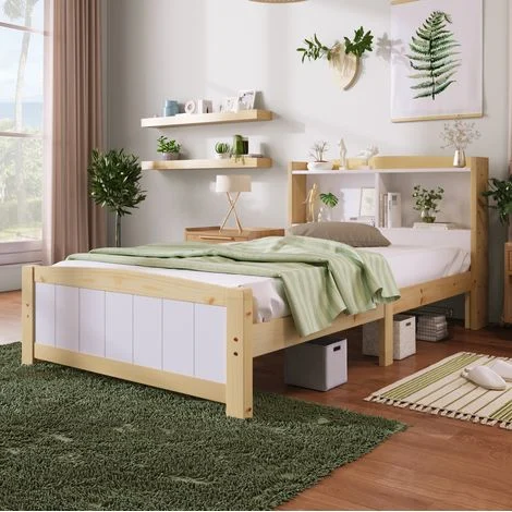 Letto singolo in legno massello bianco e naturale 90x200 cm con testiera contenitore e rete a doghe