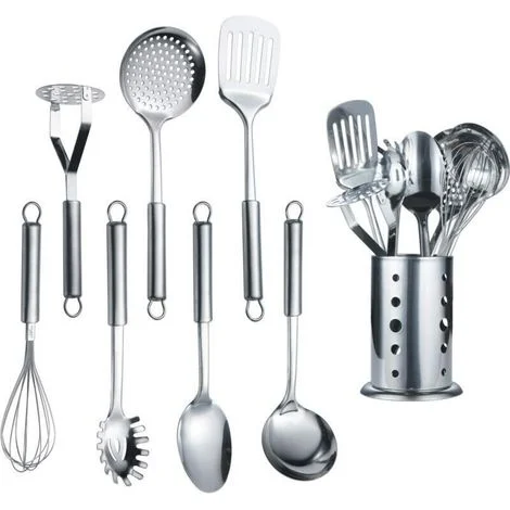 Set di utensili da cucina in acciaio inox da 1 pezzo con 1 supporto, cucchiaio da cucina, utensili da cucina con supporto (8 pezzi)