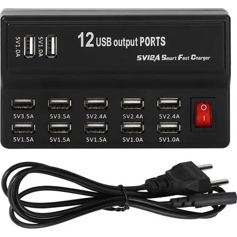 Ej.Life 12 porte protezione da sovratensione multipresa con stazione USB di ricarica rapida Hub di ricarica USB internazionale 100-240 V con cavo e terminale piatto per più dispositivi (UE)