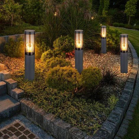 Paletto luminoso a paletto luminoso da esterno lampada da giardino lampade da giardino antracite, lampada da terra balcone, acciaio inossidabile color fumo, 1x attacco E27, PxH 7,6x45cm, set di 4