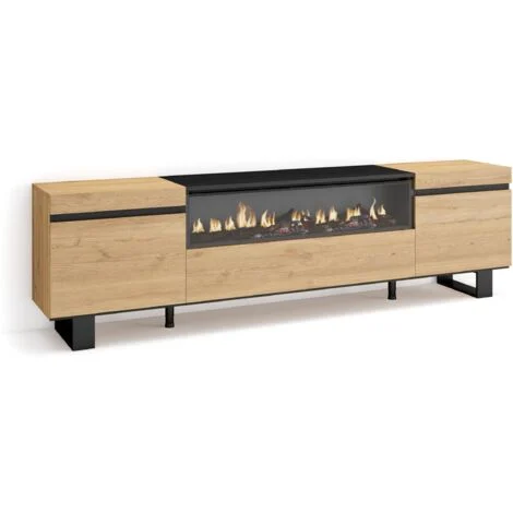 Skraut Home - Mobile TV Soggiorno, Ampio spazio a disposizione, 200x57x35cm, Per TV fino a 80", Camino elettrico, Design industriale, Stile moderno, Rovere e nero