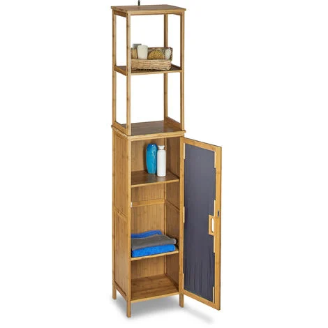 Relaxdays Mobile a Colonna per Bagno, HLP 170 x 33,5 x 28 cm, Scaffale e Armadio, Mobiletto in Bambù, 5 Ripiani, Marrone