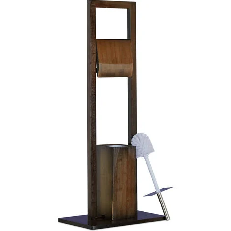 Relaxdays Set da Accessori per WC, Piantana Portarotolo Porta Scopino in Bambù, da Terra, HxLxP 82 x 36 x 21 cm, Marrone