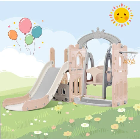 Scivolo per bambini 5 in 1 con porta da calcio, canestro da basket, altalena, scivolo per esterni/interni e bambini 2-8 anni Rosa MINKUROW