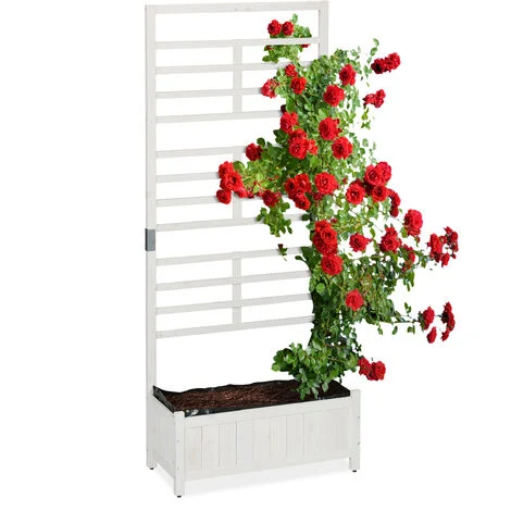 Relaxdays Fioriera con Grigliato da Balcone, 171x71,5x32 cm, in Legno, Portavasi con Spalliera Separè da Esterno, Bianco