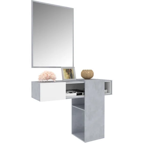 Mobile Danzica Mobiletto da Ingresso Mensola Sospesa con Specchio E Ripiani Scorrevole Arredo Arredamento Sala 100 x 31.5 x 75 cm Colore Bianco e Cemento