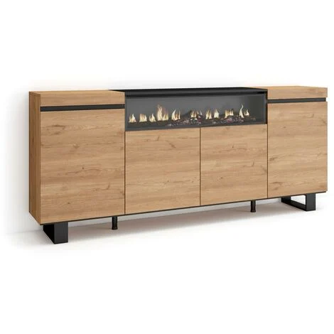 Skraut Home - Credenza, Mobile, Cucina, Madia, mobile ingresso, 200x87x35cm, 4 Porte, Camino elettrico, Design industriale, Stile moderno, Rovere e nero