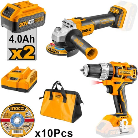 SET Brushless INGCO - Trapano e Smerigliatrice 20V, 2 Batterie 4.0Ah, Caricatore