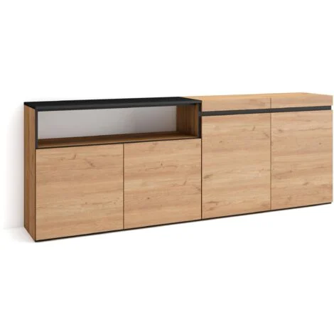 Skraut Home - Credenza, Mobile, Cucina, Madia, mobile ingresso, 200x75x35cm, 4 Porte, grande stoccaggio, Stile moderno, Rovere e nero