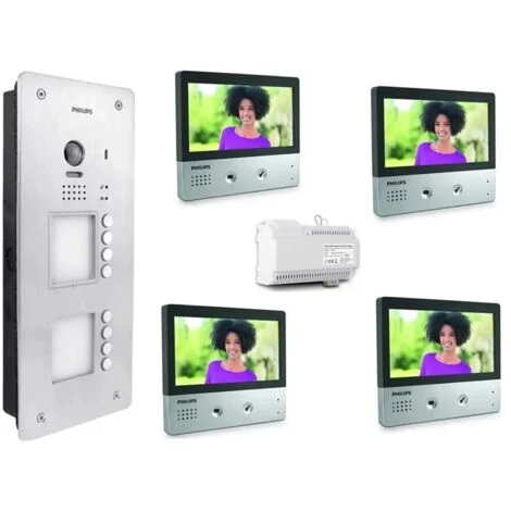 KIT VIDEOCITOFONO 4 FAMIGLIE PHILIPS 2 FILI A COLORI VIVAVOCE 7 POLLICI
