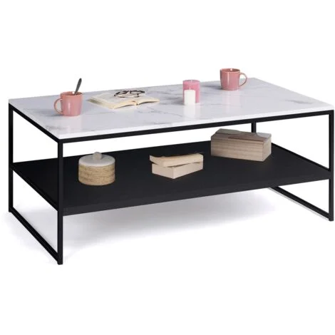 Tavolino con doppio piano, effetto marmo e legno nero, base in metallo ALASKA