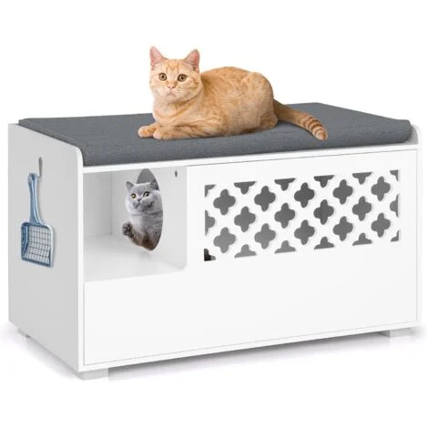COSTWAY Mobile per Lettiera per Gatti, Panca per Lettiera per Gatti, Mobile Contenitore con Cuscino Rimovibile per Gatti da Interno, Bianco, 90 x 48,5 x 52 cm