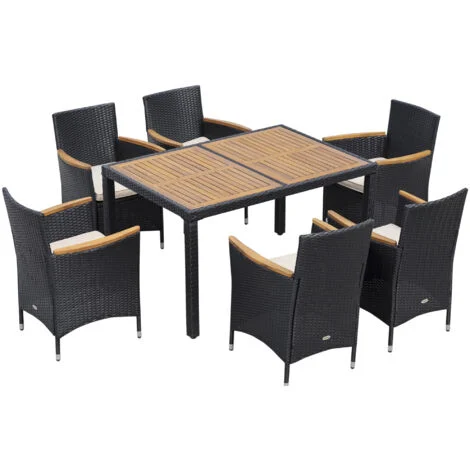 easycomfort set tavolo e sedie da giardino 7 pezzi in pe rattan e legno con cuscini morbidi, nero