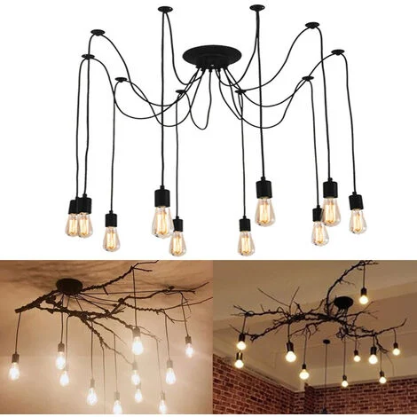 Lampadario a Sospensione Vintage Spider Lampadario a Soffitto Regolabile Edison Illuminazione Nero - 10 Luci/200cm