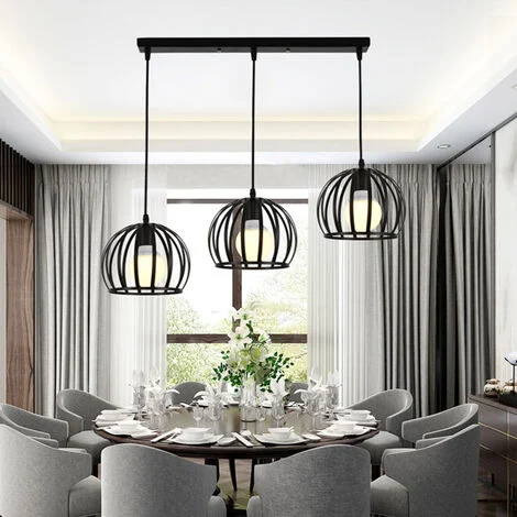 Lampada a Sospensione Vintage Industriale Stile Illuminazione da Soffitto con con Ø19cm Gabbia Rotonda in Metallo per Soggiorno Cucina Camera da Letto Nero - 3 Luci con Portalampada a Palo Lungo