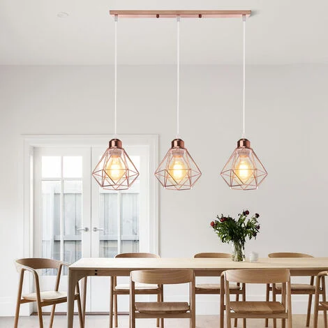 3 Luci E27 Lampada a Sospensione Industriale Paralume Diamante in Ferro Lampadario per Sala da Pranzo Camera da Letto Oro Rosa