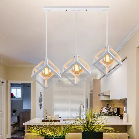 Lampada a Sospensione, 3 Luci Creativo Lampada da Soffitto, Industriale Stile Illuminazione con Cubo Gabbia E27 Attacco per Cucina Sala da Pranzo (Bianco)
